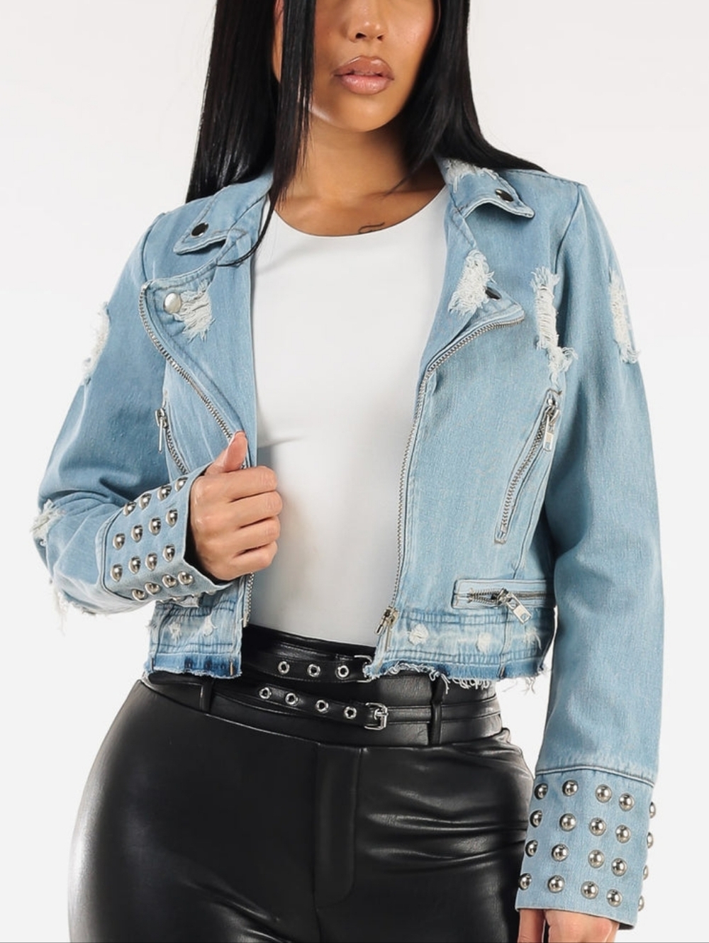 Light Blue Distressed Cropped Denim Jacket with Studded Cuffs. NWT Size Medium - Picture 4 of 16